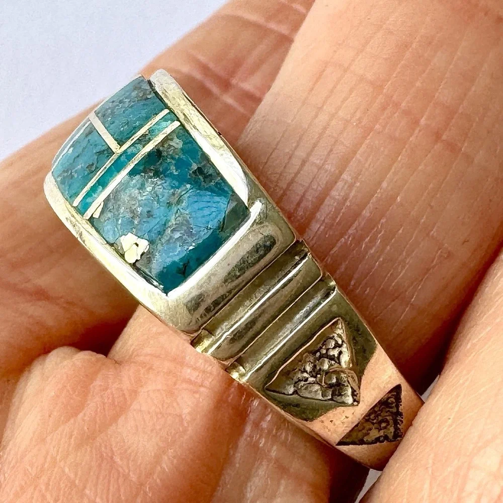 Mens Navajo Wedding Band 12 Ring‎ Turquoise 9mm Inlay Signed Tolino Native Blue